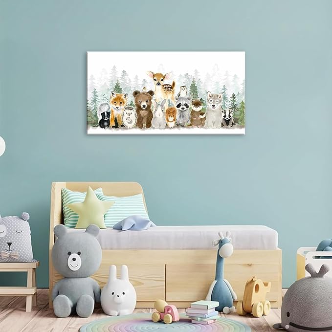 Woodland Animal Nursery Wall Art Watercolor Forest Baby Animal Nursery Wall Decor Printing Framed Fox Bear Deer Watercolor Poster Paintings Pictures for Boys Room Girls Room Home Decoration 8x16in