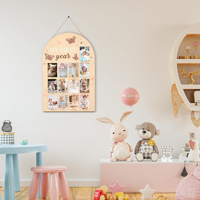 R HORSE My First Year Photo Frame Board, 3D Butterfly Baby First Year Picture Frame 12 Months Milestone Display Wood Board Baby Keepsake 1st Birthday Nursery Decor Gift for Boy Girl