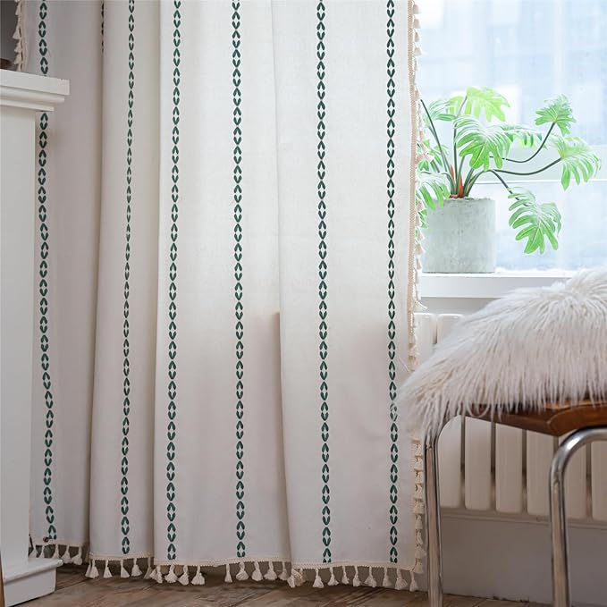 Deeprove Emerald Green Boho Curtains 84 inches Long for Bedroom, Vintage Bohemian Embroidery Farmhouse Cotton Striped Linen Country Tassel Window Treatments Christmas Decor, W52 x L84, 1 Panel