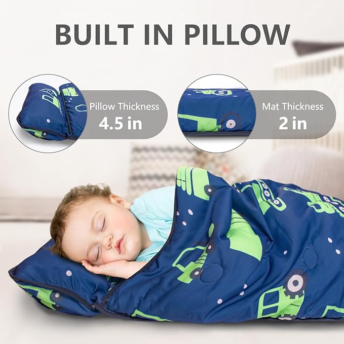 Primlect Thickened Toddler Nap Mat with Removable Pillow and Minky Blanket, Extra Large 55''x35'' Sleeping Bag, Washable, Roll up, Perfect for Daycare, Preschool, Kindergarten, Boys (Excavator)