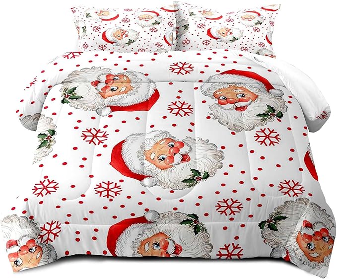 LUVIVIHOME 2PCS Merry Christmas Comforter Set Twin Size, Red Snowflake Funny Santa Claus Bedding, Christmas Bedroom Decor, Soft Breathable Microfiber White Quilt, Xmas Gifts, 1 Pillow Sham