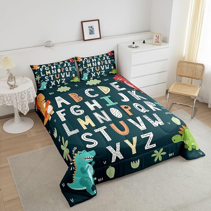 Feelyou Alphabet Kids ABC Learning Bedding Set King Size, Cartoon Dino Comforter Kids Educational Nursery Art Comforter Set for Boys Girls Jungle Dino Duvet Set Durable Bed Set 3Pcs