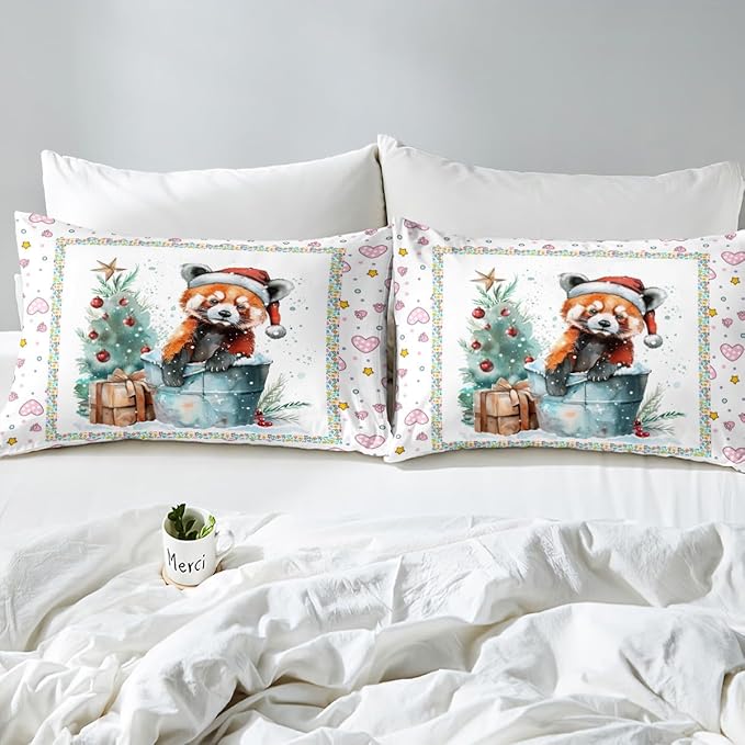 Feelyou Christmas Duvet Cover Set Xmas Tree Bedding Set for Kids Boys Girls Red Panda Love Print Comforter Cover Cute Animal Quilt Cover Room 2Pcs Toddler Size,Zipper,No Comforter