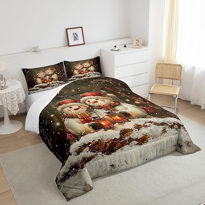Manfei Kawaii Snowman Kids Comforter Set King Size,Dead Tree Winter Snow Romantic Bedding Set,Boys Girls Room Decor,Merry Christmas Down Comforter,Black White Duvet Insert,2 Pillowcases