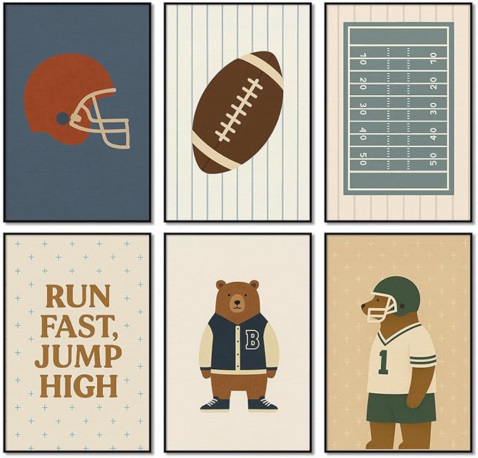 Football Poster Canvas, Baby Boy Sports Nursery Wall Art, Animal Bear Athletes Pictures, Run Fast Jump High Charming Quote Print, Kids Bedroom Soccer Equipment & Field Decor 16x24in Unframed