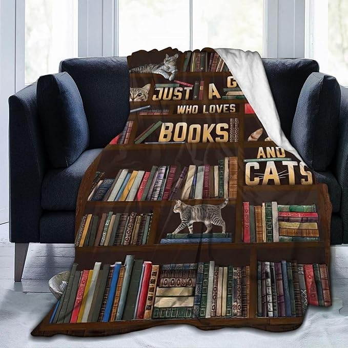 Cute Cat Themed Blanket Just a Girl Who Loves Books and Cats Throw Blankets for Kids Adults Lovers Warm Soft Plush Funny Animal Stuff Fleece Flannel Throws Reading Gifts for Girls Women 50"x40"
