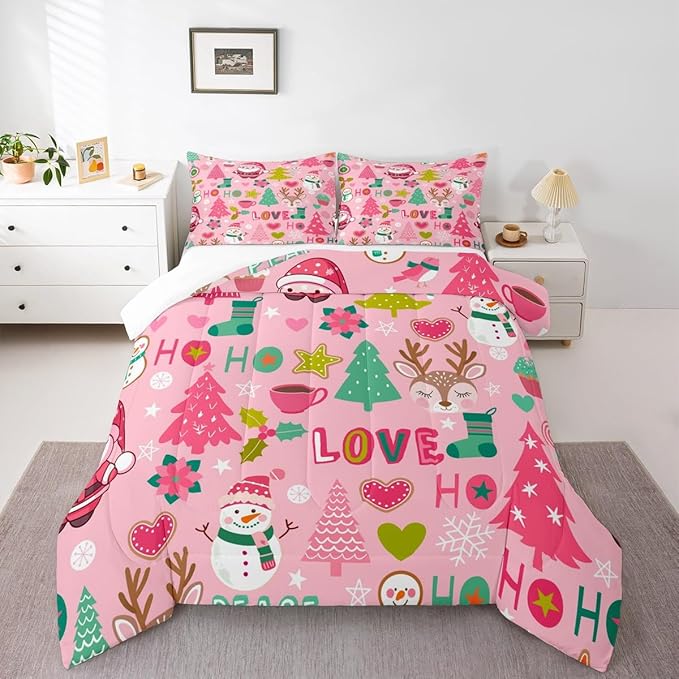 Manfei Xmas Pink Comforter Set King Size, Santa Claus Snowman Deer Trees Bedding Set 3pcs for Kids Girls Adults Room Decor, Christmas Theme Down Comforter New Year Quilt Set with 2 Pillowcases