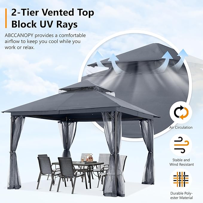 ABCCANOPY Outdoor Patio Gazebo 11x11 - Double Roof Canopy with Mosquito Netting for Backyard, Deck, Garden, Lawn, Dark Gray