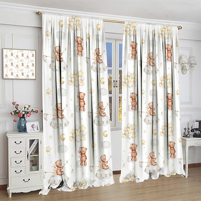 Cartoon Bear Curtains, Cute Lovely Bear Star Cloud Ballon Pastel Blackout Window Treatments, Rod Pocket Thermal Insulated Drapes 2 Panel Sets for Kids Bedroom Nursery Classroom, 42" W X 45" L