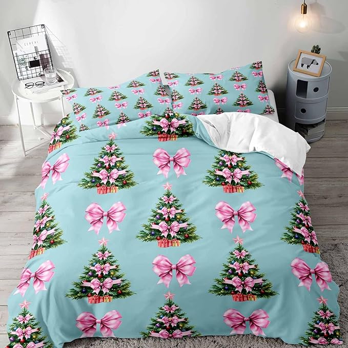 LUVIVIHOME 2PCS Pink Bow Christmas Tree Duvet Cover Twin Bedding Sets, Teen Girl Bedding, Blue Duvet Cover, Winter Holiday Kids Christmas Comforter Cover, Coquette Room Decor Aesthetic, 1 Pillow Case