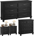 Farmhouse Black Bedroom Sets of 4, Includes 6 Drawer Large Dresser, Vintage Night Stand with 3 Drawers, Small 5 Chest of Drawers, Wood Rustic Dresser & Nightstand Set for Bedroom, Home