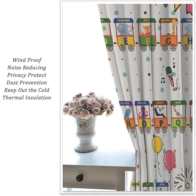 Alphabet Train Kids Curtain Animals Alphabet Children Teens Early Learning Printed Rod Pocket Blackout Window Treatments for Classroom Bedroom Nursery Playroom 84" W X 84" L