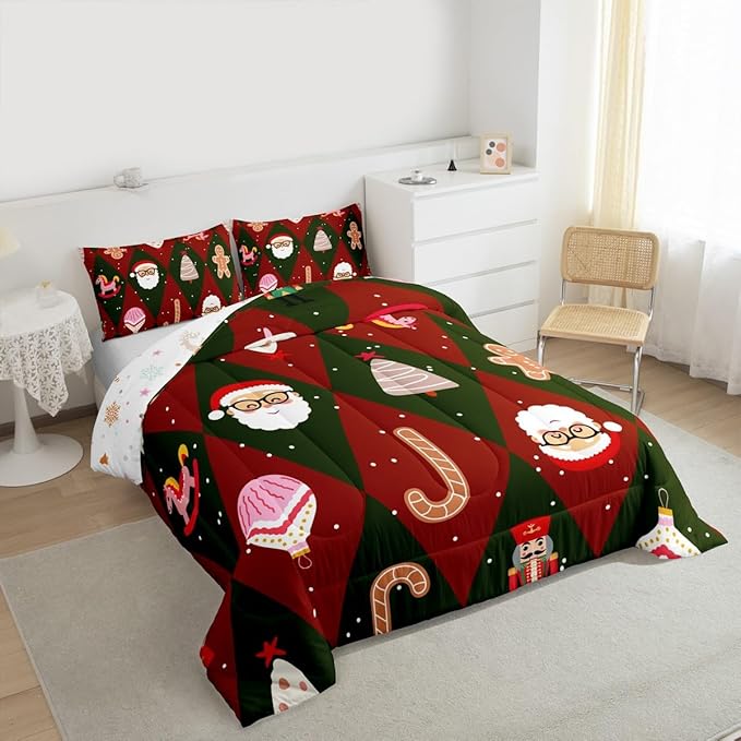 Feelyou Merry Christmas Bedding Set Soft for Boys Girls, Santa Claus Comforter Set Queen Size Xmas Tree Nutcracker Soldier Duvet Quilt Gingerbread Man Bedroom Decor 3 Pcs with 2 Pillow Cases