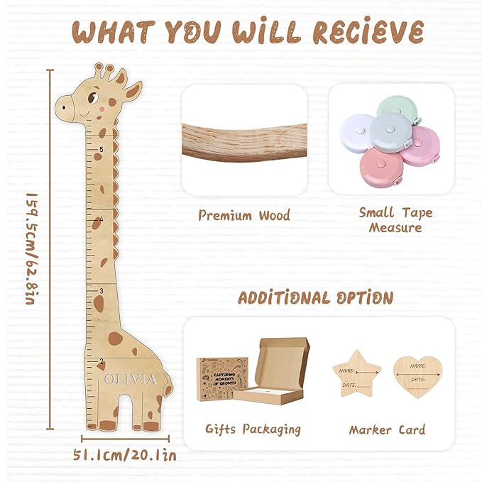 Personalized Name Children's Height Measurement Chart for Wall – Giraffe Kids Growth Chart Ruler, Nursery & Playroom Wall Decor 62.8" x 20.1"