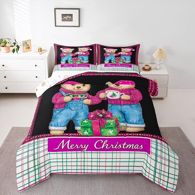 Feelyou Merry Christmas Kids Comforter Set King Size Cute Bear Bedding Set Duvet Quilt for Kids Boys Girls Bedroom Winter Decor Microfiber Ultra Soft Breathable