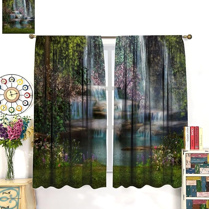 Natural Waterfall Blackout Window Curtains, Waterfalls Flowers Trees Landscape Window Drapes, for Living Room Bedroom 42" W X 63" L