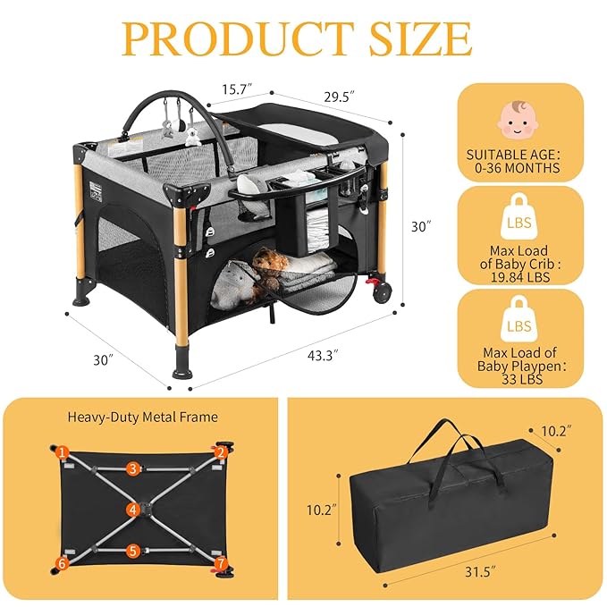 Baby Bassinet Bedside Crib for Travel with One-Hand Setup 5-in-1 Foldable Baby Playpen, Portable Pack and Play with Bassinet,Diaper Changer & Adjustable Mattress for Newborn to Toddler (Black)