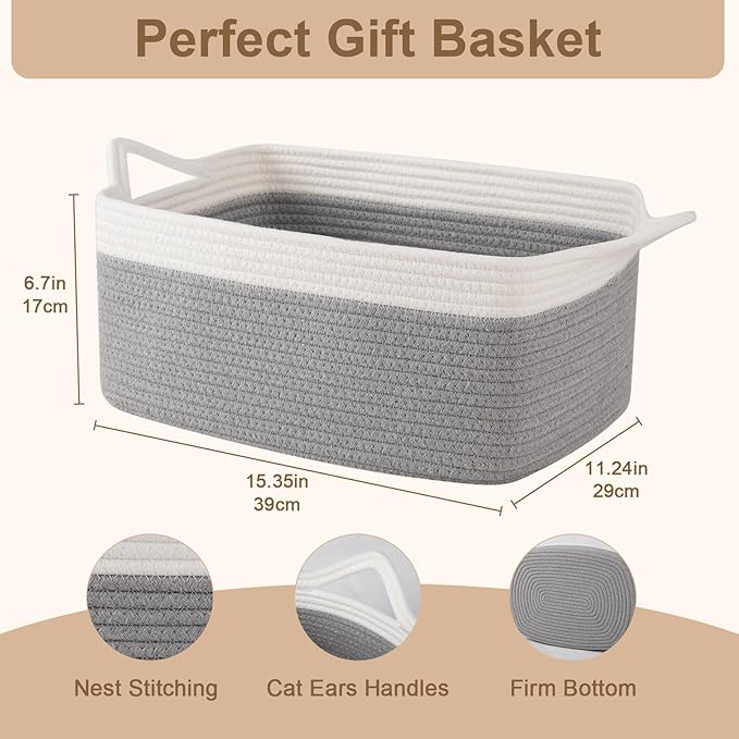 OIAHOMY Woven Rope Basket with Gift Bags and Ribbons, Gift Basket Empty for Baby Shower Birthday, Halloween, Christmas, Cute Cat Ear Handles for Shelf Living Room Bathroom, Grey & White,19L