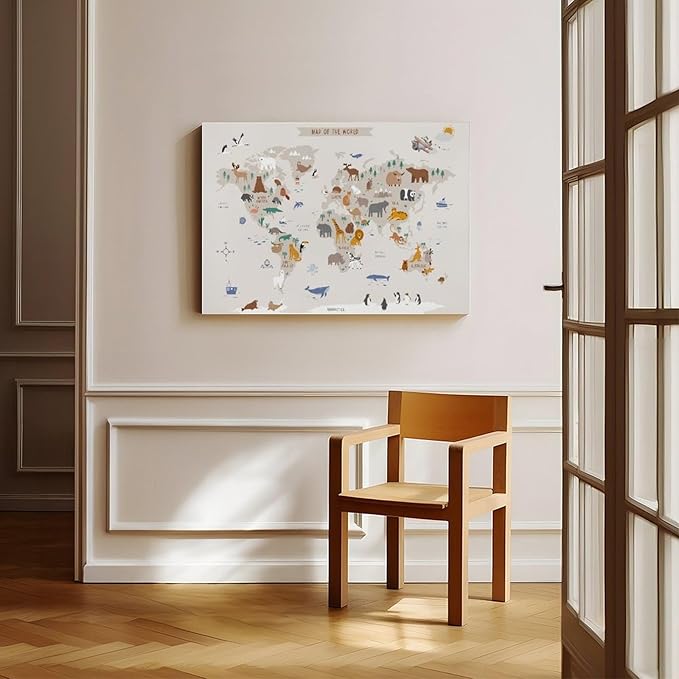 Kids World Map - Playroom Animal World Map - Nursery Educational Poster Canvas Poster Wall Art Picture Paintings for Living Room Bedroom Decoration Frame-style12x18inch(30x45cm)