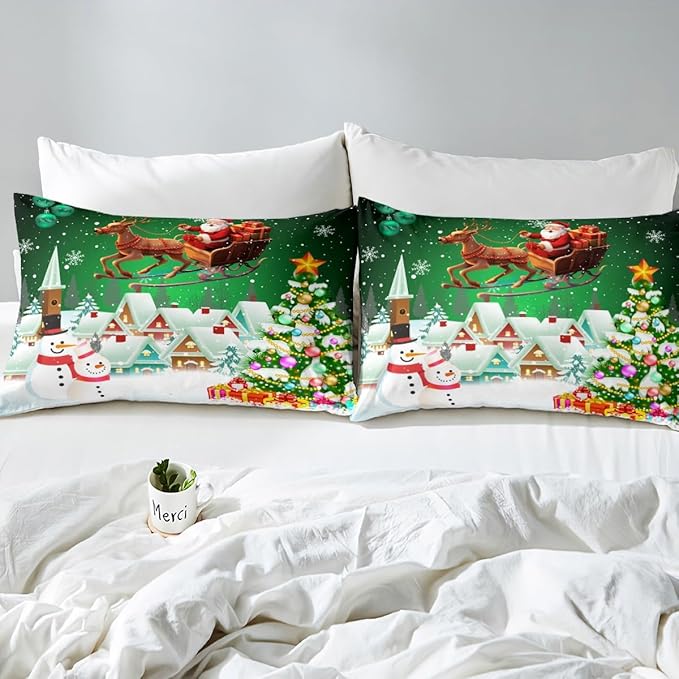 Manfei Christmas Duvet Cover Set King Size, Snowman Xmas Tree Comforter Cover with 2 Pillowcases, Santa Claus with Deer Bedding Set for Kids Boys Girls New Year Theme Bedspread Cover, No Comforter