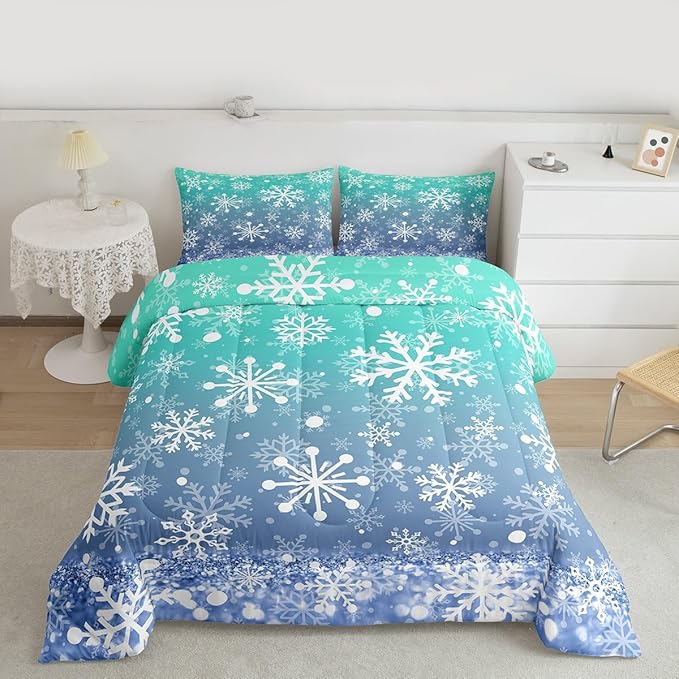 Feelyou Winter Snowflake Kids Comforter Set Queen Size Christmas Bedding Set Winter Holiday Duvet Quilt for Kids Boys Girls Bedroom New Year Decor Microfiber Ultra Soft Breathable