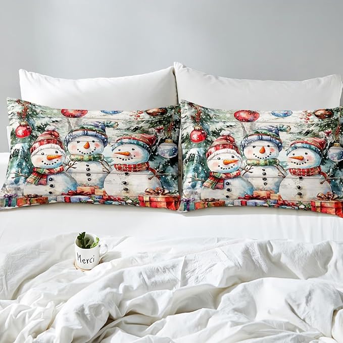 Cartoon Snowman Duvet Cover Set Queen Size,Xmas Tree Winter Snow Merry Christmas Bedding Set,Boys Girls Room Decor,Wooden Plank Rustic Comforter Cover,White Quilt Cover,2 Pillowcases,No Comforter