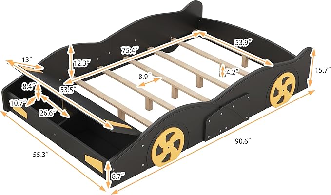 SOFTSEA Full Car Shaped Bed Frame with Storage for Boys Car Bed Frame with Storage, Wood Race Car Platform Bed with Wheels, No Box Spring Required, Black+Yellow