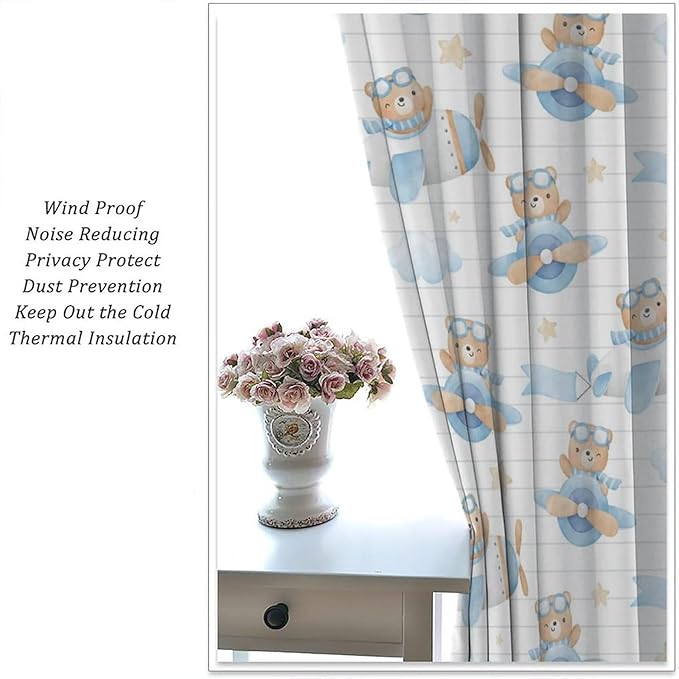 Cartoon Bear Curtains, Lovely Bear Adventure Airplane Blue White Stripe Blackout Window Treatments, Rod Pocket Thermal Insulated Drapes 2 Panel Sets for Kids Bedroom Nursery Classroom, 55"W X 63"L