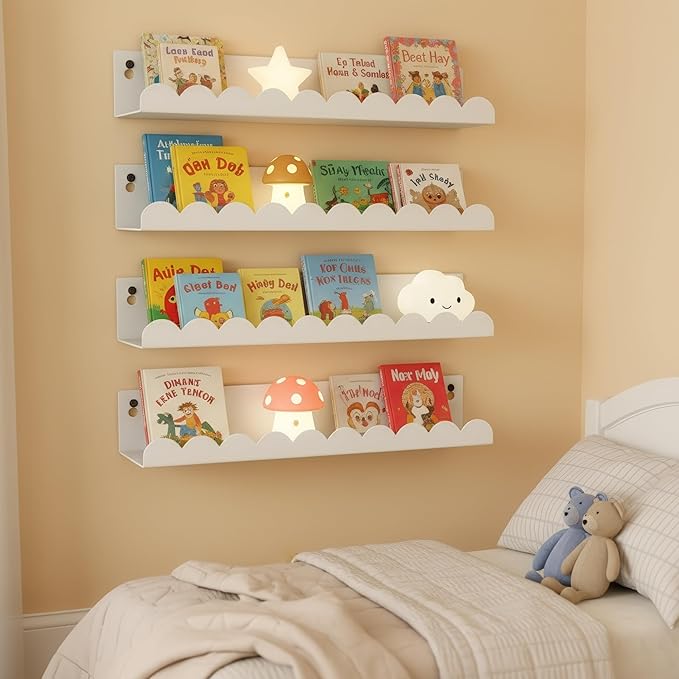 Nursery Book Shelves Set of 6, White Metal Floating Shelves for Wall, 16 Inch Scalloped Book Shelf for Kids Room, Bathroom, Bedroom, Playroom Wall Decor & Storage