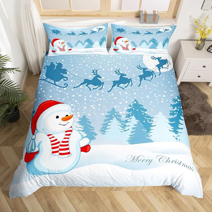 Manfei Snowman Duvet Cover Set Queen Size, Xmas Deer Trees Print Comforter Cover with 2 Pillowcases, Winter Snowflake Merry Christmas Bedding Set 3pcs for Kids Boys Girls Bedroom Decor,No Comforter