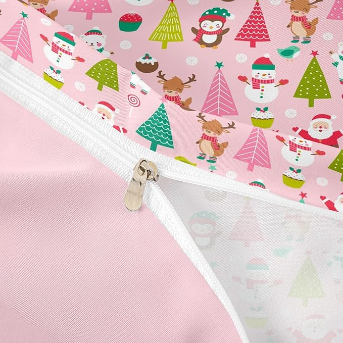 Christmas Bedding Set for Kids Boys Girls Cute Santa Claus Deer Comforter Cover Set Pink Christmas Tree Duvet Cover Bedroom Decor Kawaii Xmas Theme Bedspread Cover Full Size Bedding Collection 3Pcs