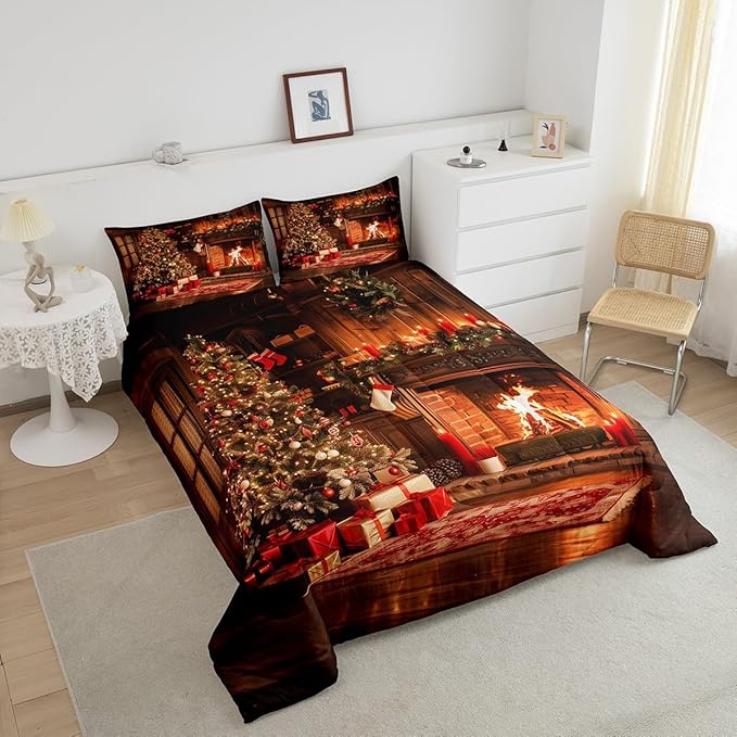 Vintage Xmas Comforter Set - Twin Size, Merry Christmas Tree Bedding Set for Kids, 2Pcs Pine Tree Luxury Duvet Insert, 1 Pillowcase