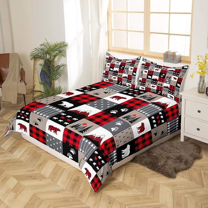 Manfei Christmas Duvet Cover Set Full Size Cute Bear Tree Print Comforter Cover Geometric Checkered Bedding Set 3pcs for Kids Boys Girls Cartoon Animal Bedspread Cover with 2 Pillowcases,No Comforter