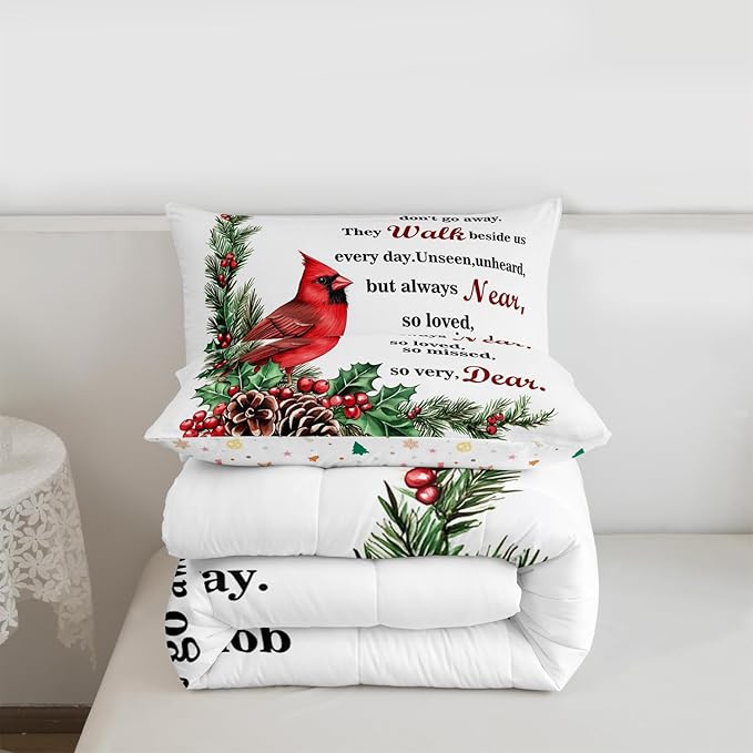 Red Cardinal Comforter Set Full Size,Christmas Birds Holly Pinecones Kids Bedding Set,Berries Poinsettia Rustic Animal Quilt Comforter,White Red Green Duvet Insert,2 Pillowcases