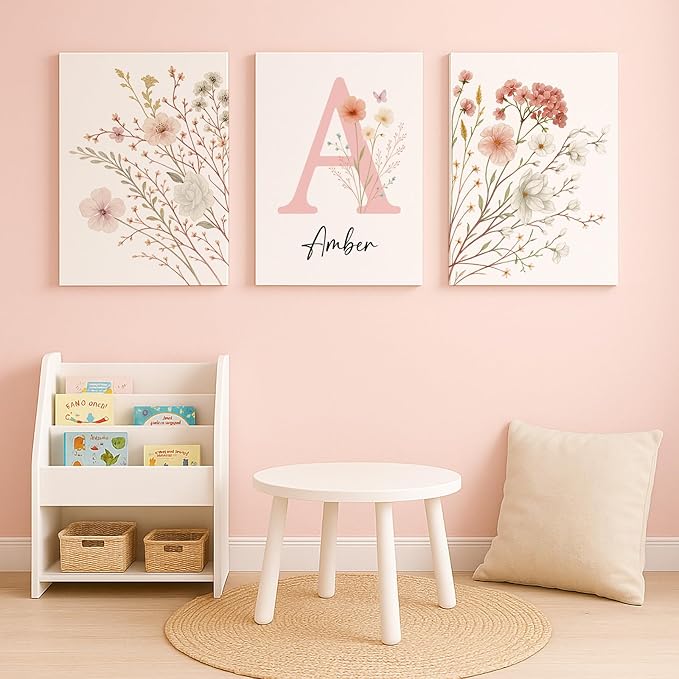 Personalized Girls Nursery Wall Art - Custom Name Pink Floral Butterfly Canvas Print 3pc Framed Wrapped Canvas for Bedroom Living Room Entryway Study Room Initial Wall Decor Baby Shower Birthday Easter Graduation New Year Valentine's Day Gift (30×40cm/...