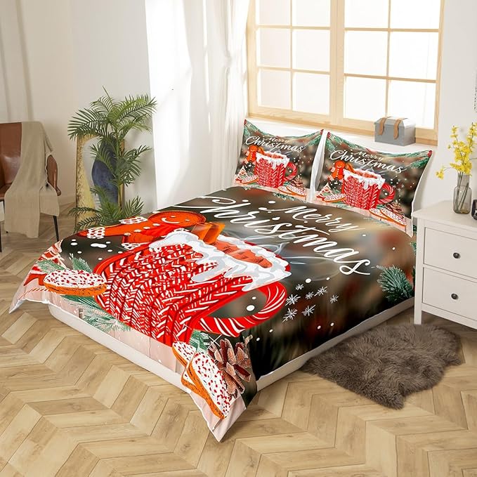 Manfei Christmas Duvet Cover Set Full Size, Snowflake Pine Print Comforter Cover with 2 Pillowcases, New Year Theme Bedding Set 3pcs for Kids Boys Girls Bedroom Decor,No Comforter