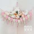 Pretty Jolly Stuffed Animal Storage with Hand Woven Leaf Tassels Hammock Corner Hanging Net Boho Macrame Plush Storage for Kid Room Nursery Wall Display Organizer for Girls Boy Gift(Light Pink)