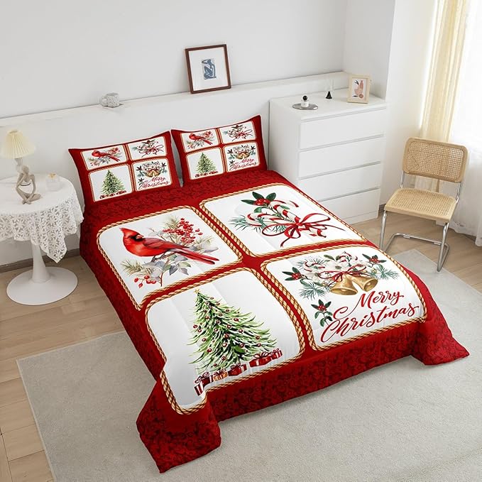 Christmas Plaid Comforter Set King Size,Berries Cardinals Xmas Pine Print Bedding Set All Season Quilt Set,Floral Bells Red Lace Patchwork Microfiber Polyester Down Comforter