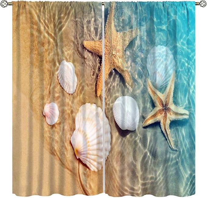 Beach Curtain for Bathroom Decor，Sea Turtle Starfish Seashell Nautical Ocean Coastal Scenery Art Printed Fabric Polyester Waterproof Set 2 Panels,42x63 Inches