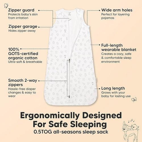 2-Pack Baby Sleep Sacks,Zipper Wearable Blanket-0.5TOG Organic Cotton,Lightweight, Soft Cozy Toddler Sleeping Sack 6-12 months, Easy to Wear Large Newborn Transition Swaddles Sleepsacks (ABC Land Sky)