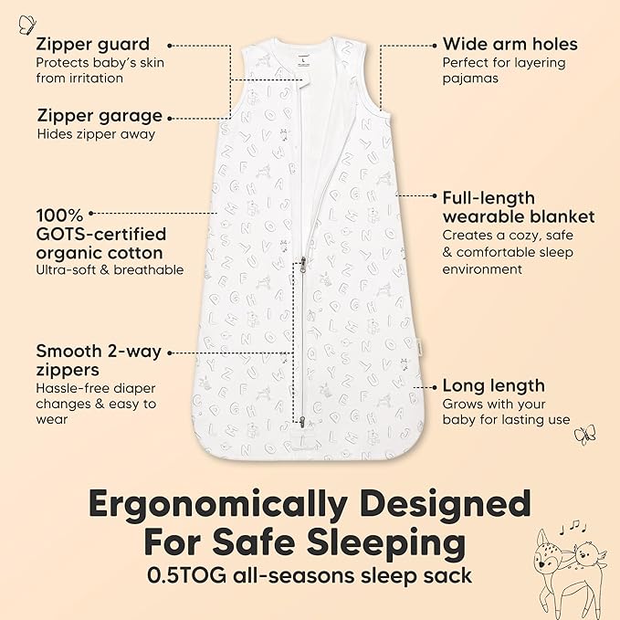 2-Pack Baby Sleep Sacks, Zipper Wearable Blanket - 0.5TOG Organic Cotton, Lightweight, Soft Cozy Infant Sleeping Sack 3-6 months,Easy to Wear Small Newborn Transition Swaddles Sleepsacks(ABC Land Sky)