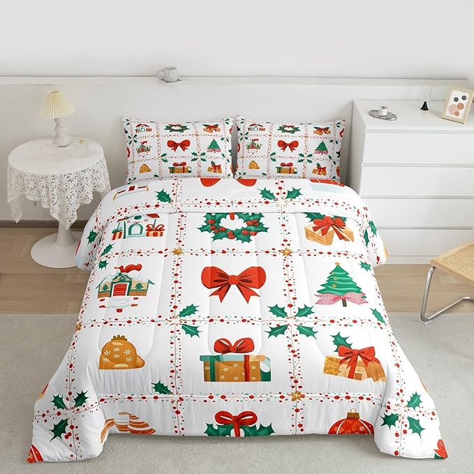 Feelyou Christmas Decor Kids Comforter Set Full Size Red Bowknot Bedding Set New Year Gift Duvet Quilt for Kids Boys Girls Bedroom Happy New Year Decor Microfiber Ultra Soft Breathable