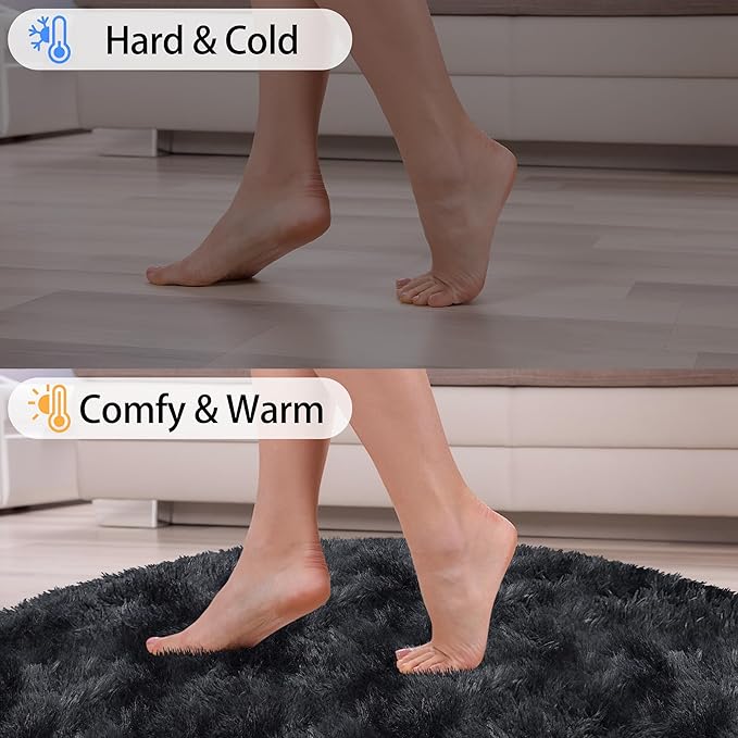 6 ft Round Fluffy Large Black Rug for bedroom,Tie Dyed Furry Round Carpet Non Slip Fuzzy Shaggy Plush Circle Big Area Rug for living room Room Nursery Room Playroom Kids Room Home Decor Washable