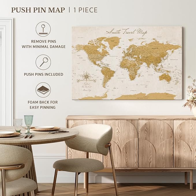 ElephantStock - Personalized Travel Push Pin World Map Wall Art - Horizontal Canvas Wall Art - Living Room Wall Decor - Digital Art Map Canvas Art - Orange And Beige Decor - 39" x 26"