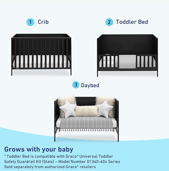 Graco Theo 3-in-1 Convertible Baby Crib (Black) - GREENGUARD Gold Certified, Converts to Toddler Bed & Daybed, Fits Standard Full-Size Baby Crib Mattress, 4 Adjustable Mattress Heights