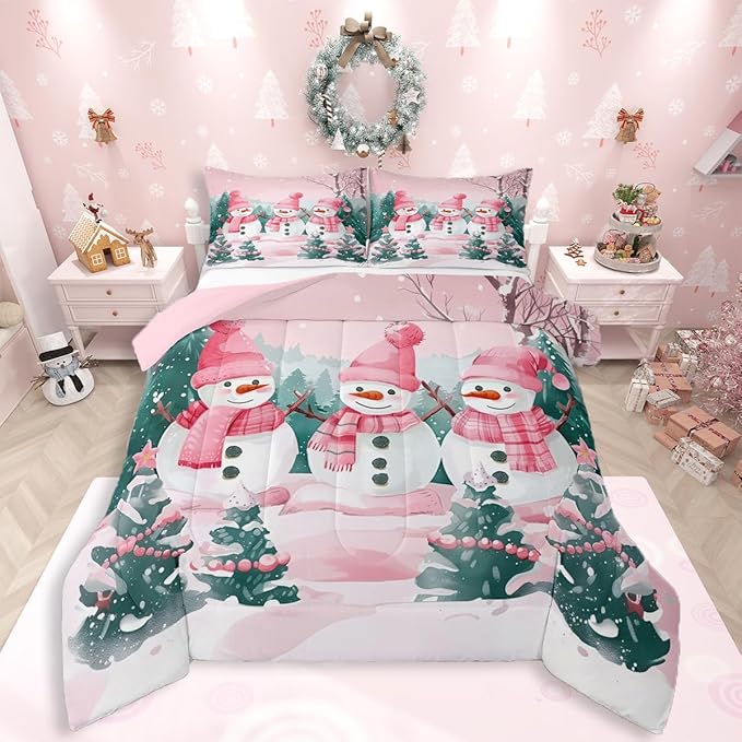 Feelyou Pink Christmas Kids Comforter Set Full Size Merry Christmas Tree and Snowman Bedding Set Cute Snowman Duvet Quilt for Kids Boys Girls Bedroom Xmas Snowflake Decor Kawaii Ultra Soft Breathable