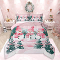 Feelyou Pink Christmas Kids Comforter Set Queen Size Merry Christmas Tree and Snowman Bedding Set Cute Snowman Duvet Quilt for Kids Boys Girls Bedroom Xmas Snowflake Decor Kawaii Soft Breathable