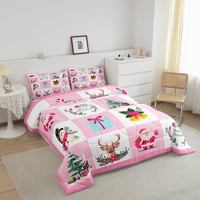 Erosebridal Merry Christmas Comforter Set for Kids Christmas Tree Quilt Queen Size with 2 Pillow Cases Santa Claus Xmas Decor Bedding Set Kawaii Snowman Bedding Comforter Sets,Pink
