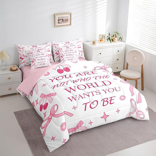 7 Pieces Pink Bowknot Kids Comforter Set Full,Cherry Tropical Fruit Cute Princess Bedding Set,Bow Tie Stars Daisy Floral Romantic（Comforter+Fitted+Flat Sheet+2 Pillowcases+2 Throw Pillow Covers）