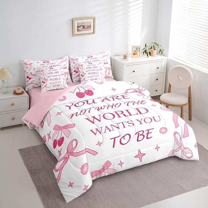 7 Pieces Pink Bowknot Kids Comforter Set Twin,Cherry Tropical Fruit Cute Princess Bedding Set,Bow Tie Stars Daisy Floral Romantic（Comforter+Fitted+Flat Sheet+2 Pillowcases+2 Throw Pillow Covers）